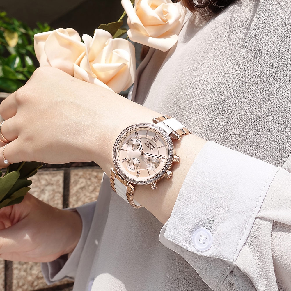 NATURALLY JOJO / 三眼三針 星期日期 陶瓷不鏽鋼手錶 -玫瑰金x白/37mm