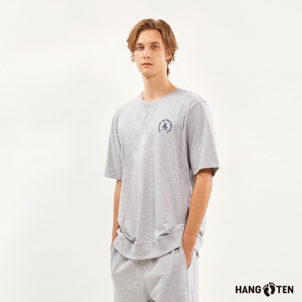 Hang Ten-男裝-純棉毛圈布胸前印花短袖T恤-銀灰花紗