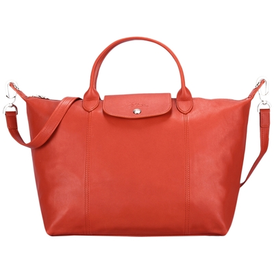 Longchamp Le Pliage Cuir小羊皮短把折疊中型水餃包-磚紅色