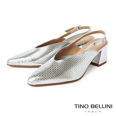 Tino Bellini 義大利進口特殊紋理牛皮尖頭後釦帶粗跟鞋_銀