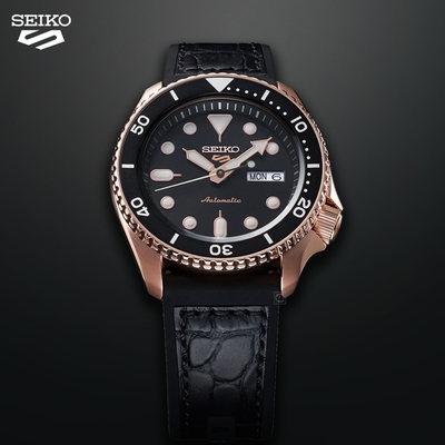 SEIKO 精工 5 Sports 系列潮流機械錶 4R36-07G0J(SRPD76K1)-黑膠帶x玫瑰金色/42.5mm ˍSK040