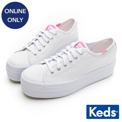 Keds TRIPLE UP 小心機撞色厚底帆布鞋-白/粉红