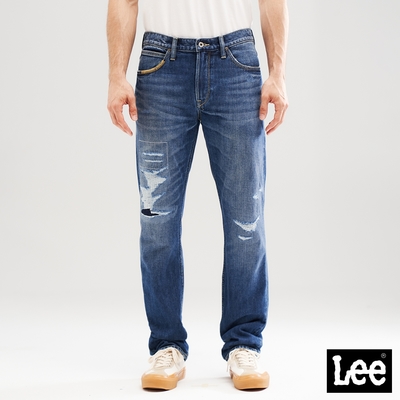 Lee 男款 726 造型刷破中腰標準直筒牛仔褲 中藍洗水