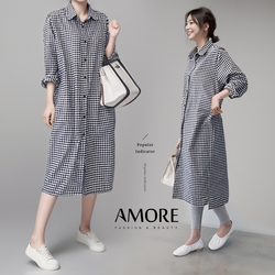 【Amore女裝】韓系經典直格紋棉麻長袖長版襯衫
