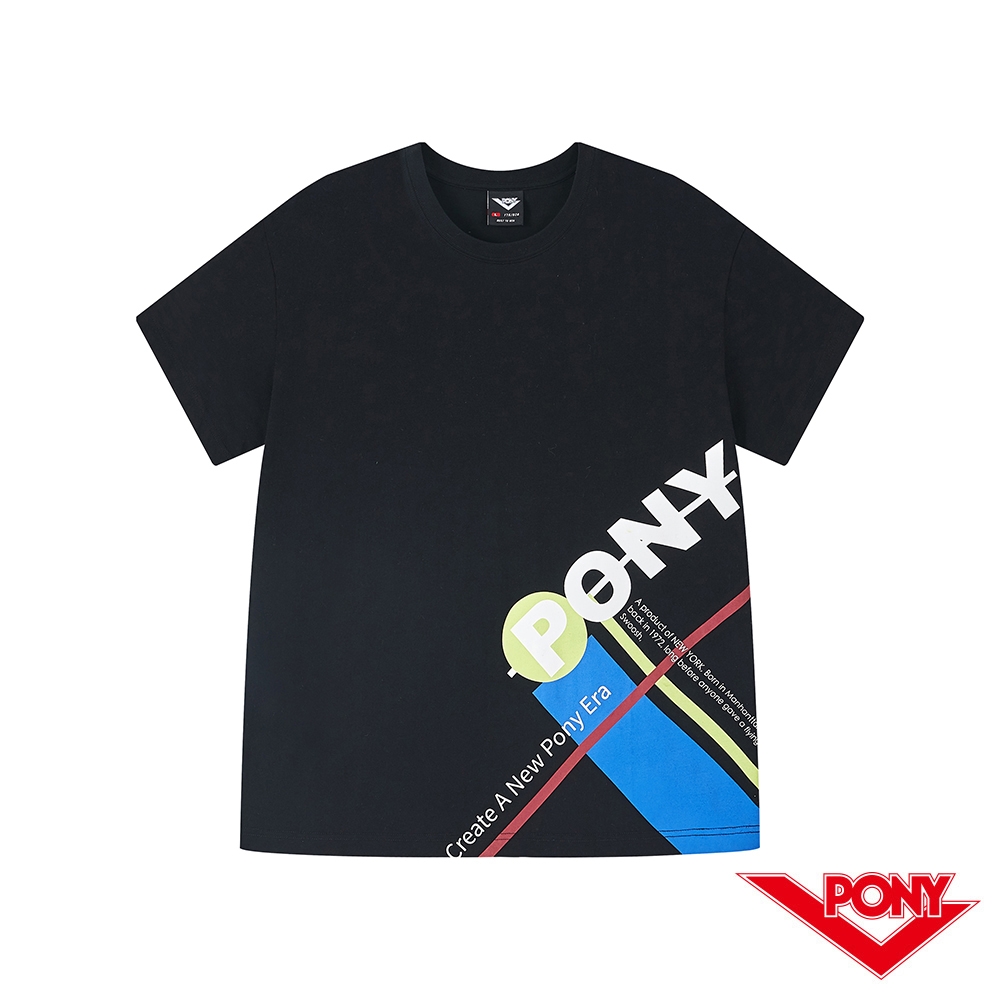 【PONY】潮流線條印刷圖案棉T 短袖上衣 男款-黑色  短袖T恤