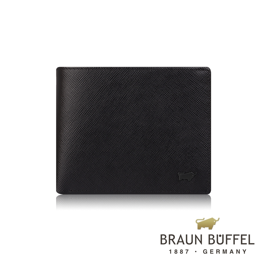 【BRAUN BUFFEL 德國小金牛】台灣總代理 洛菲諾P-II 12卡中間翻透明窗短夾-黑色/BF347-317-BK