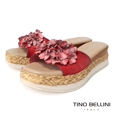 Tino Bellini 義大利進口牛皮渲染亮鑽花瓣厚底涼拖鞋-紅