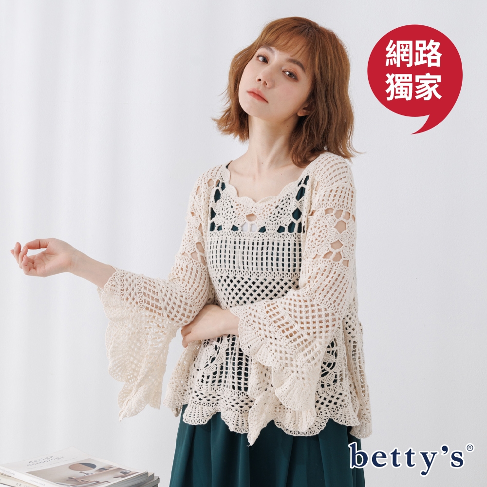 betty’s網路款　鏤空花花雲朵邊小水袖短版針織罩衫(米白)