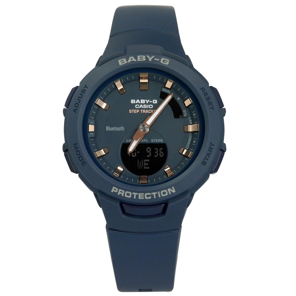 Baby-G CASIO 卡西歐 雙顯 藍牙連線 鬧鈴 防水 橡膠手錶-藍色/41mm