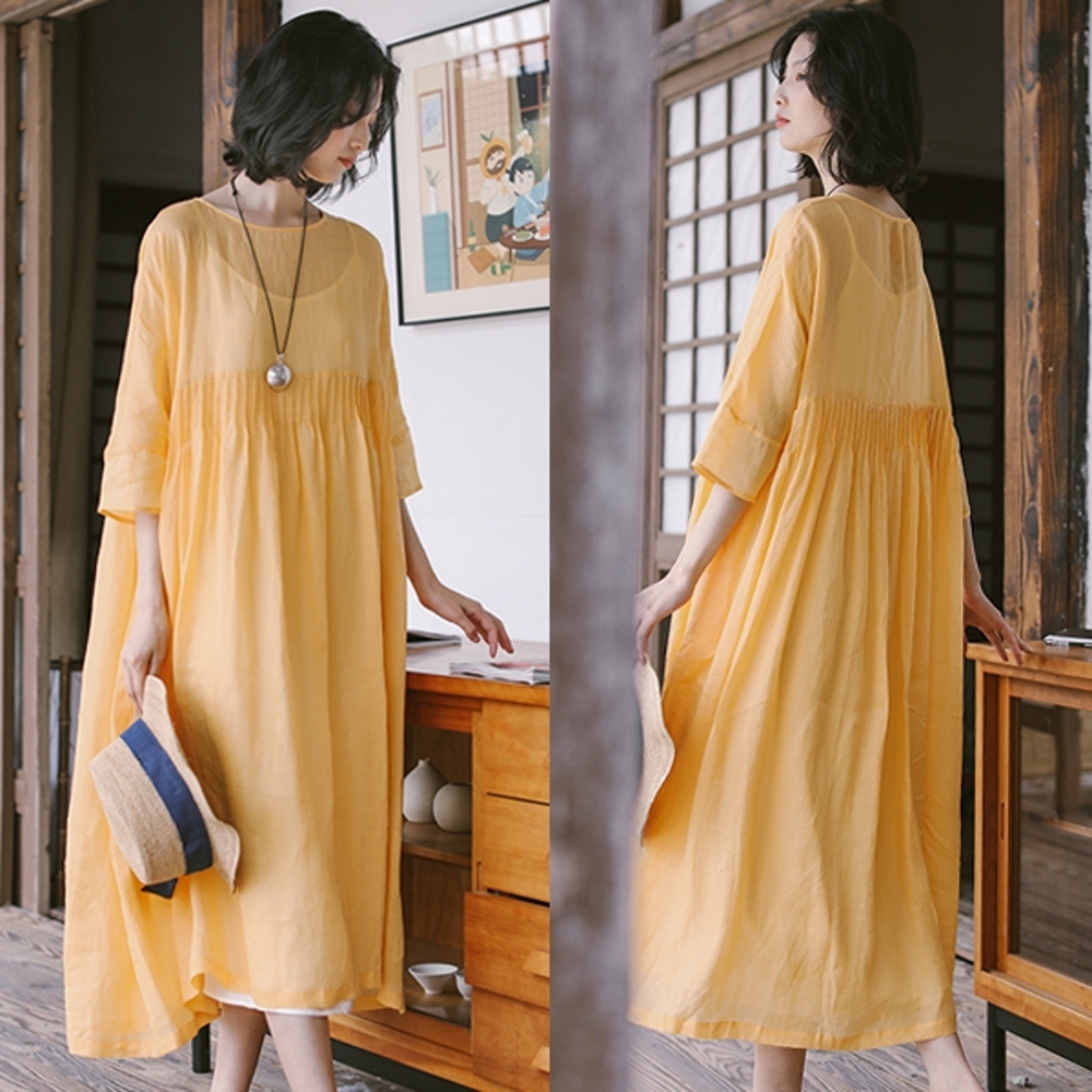 洋裝-輕盈100支苧麻百褶黃色寬鬆長裙-設計所在
