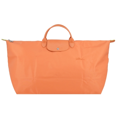 LONGCHAMP LE PLIAGE GREEN系列刺繡短把再生尼龍摺疊旅行袋(中/橙)