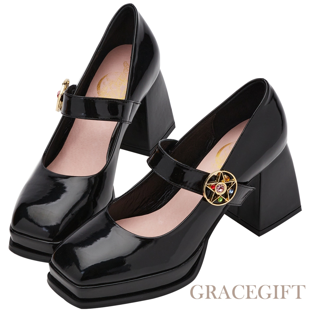 【Grace Gift】美少女戰士Crystal變身器防水台高跟瑪莉珍鞋 黑漆