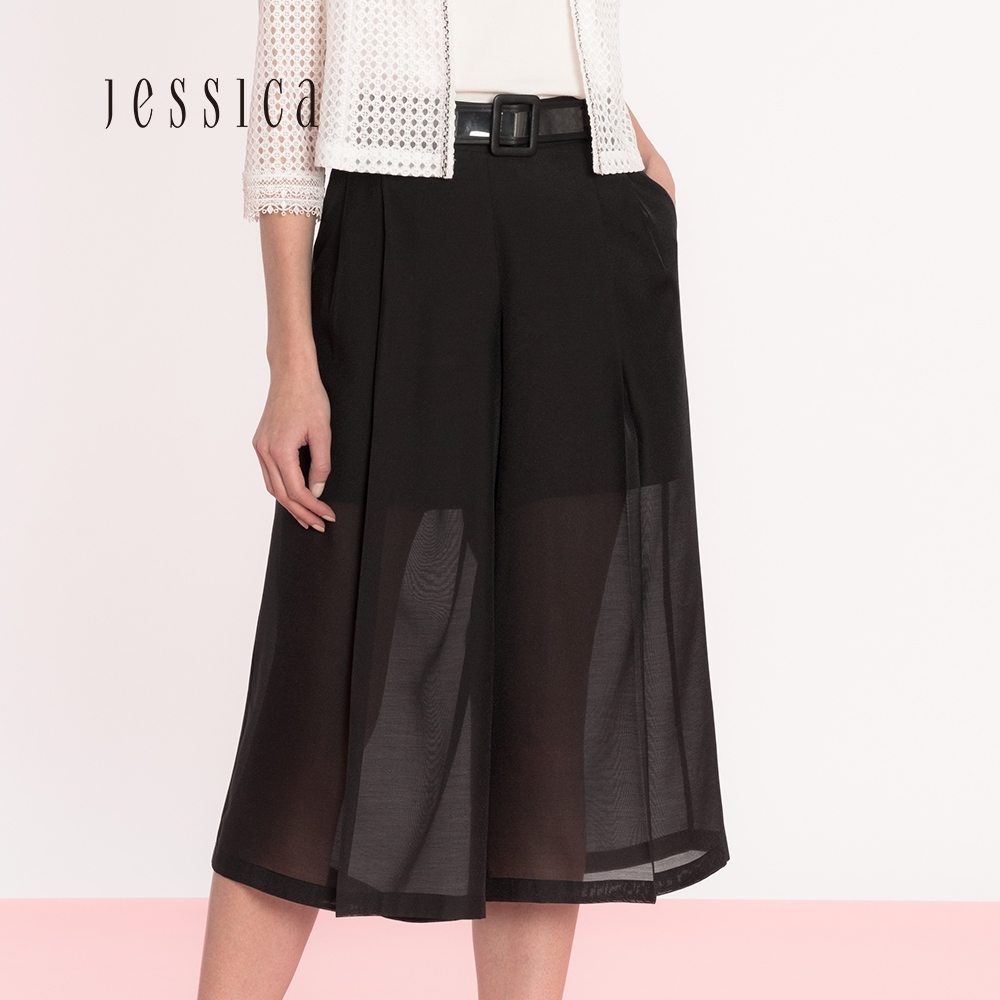 JESSICA- 黑色雪紡雙層透膚中長寬褲