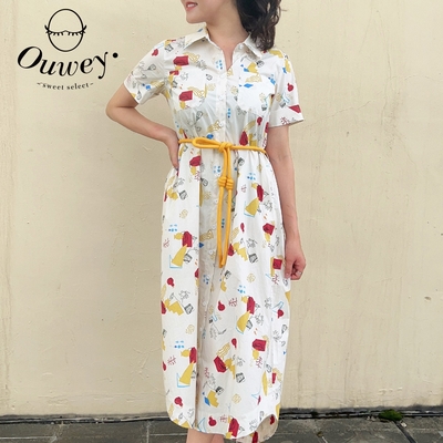 OUWEY歐薇 繽紛藝術圖樣附腰繩純棉排釦洋裝(白色；S-L)3222167427