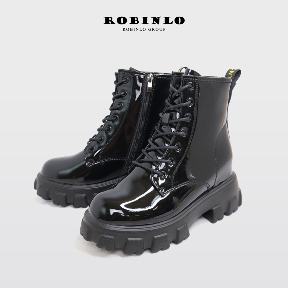 (時尚美靴)ROBINLO帥氣全真牛漆皮綁帶厚底短靴馬汀靴 極簡黑
