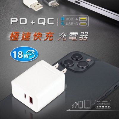 動力公牛 PD+QC雙孔18W極速快充充電器(PB-18AC)