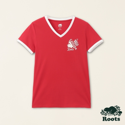 Roots女裝-加拿大日系列 加拿大元素有機棉V領修身短袖T恤-紅色