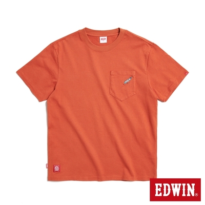 EDWIN 寬版口袋羽毛銀飾造型繡花短袖T恤-男-中灰桔