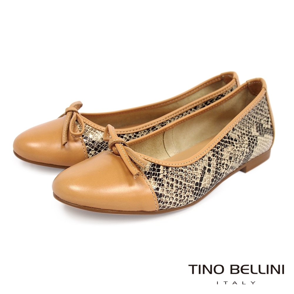 Tino Bellini 典雅氣質蝴蝶結蛇紋牛皮質平底鞋-米
