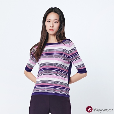 KeyWear奇威名品 百搭線條層次感五分袖針織上衣-紫色