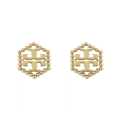TORY BURCH MILGRAIN HEX雙T LOGO圓珠六角形環繞T字設計穿式耳環(金)