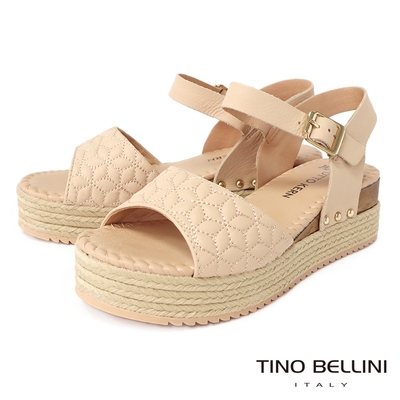 Tino Bellini 巴西進口牛皮甜美緹花繫帶麻邊厚底涼鞋-米