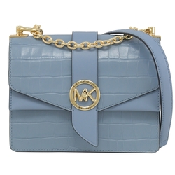 MICHAEL KORS Greenwich 金屬LOGO鱷紋魚素色轉釦鉚釘翻蓋斜背鍊包(淡藍)