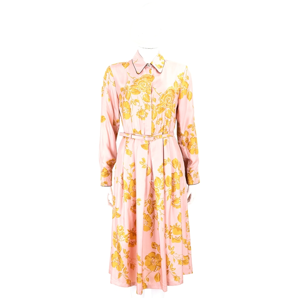 Max Mara BOLOGNA 鑽釦飾印花絲質粉色附腰帶襯衫裙 洋裝