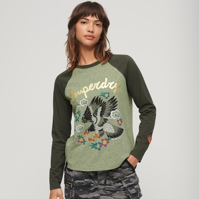 SUPERDRY 女裝 長袖上衣 大學T Custom Embellsh Raglan 橄欖綠灰