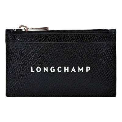 LONGCHAMP ROSEAU ESSENTIAL系列牛皮LOGO字母拉鍊零錢包(黑)