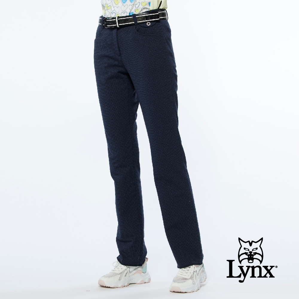 【Lynx Golf】女款日本進口布料溫暖舒適內刷毛材質暗紋紋路窄管長褲-深藍色