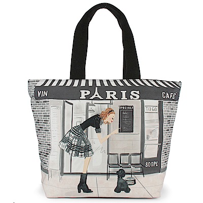 Reiko Aoki 青木禮子 Cafe-Paris插畫彩繪拉鍊中型托特包-黑色