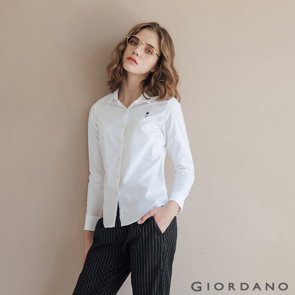 GIORDANO 女裝經典刺繡彈力牛津紡長袖襯衫-01 白色