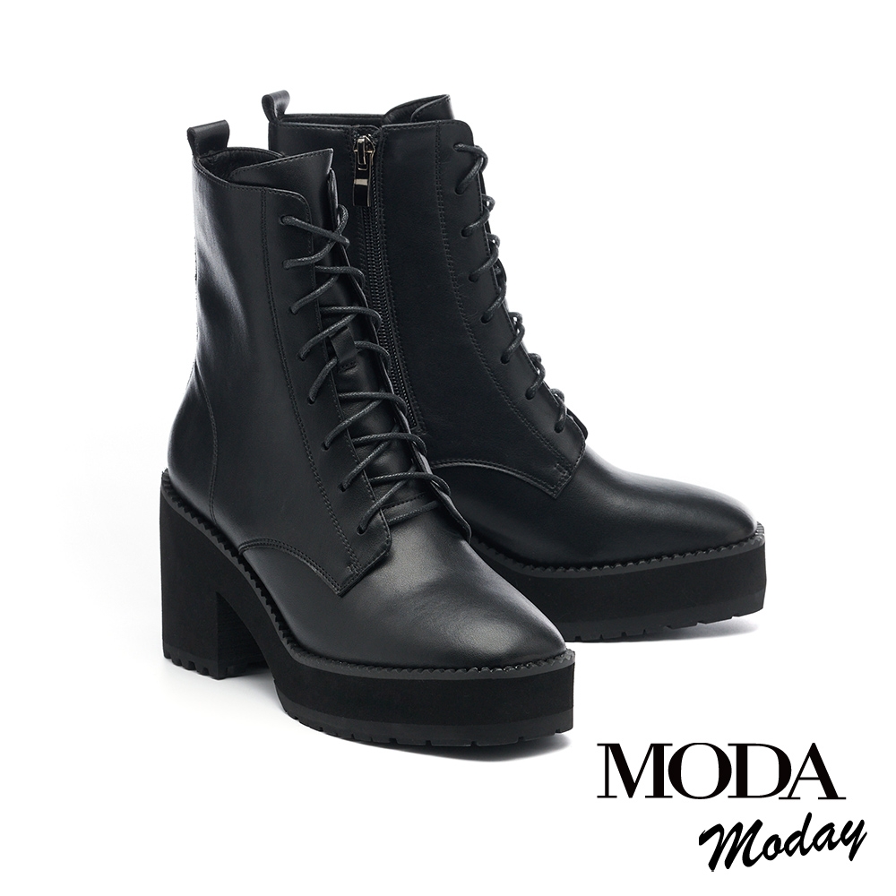 短靴  MODA MODAY 質感率性牛皮造型綁帶水台高跟短靴－黑