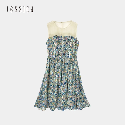 JESSICA - 浪漫甜美褶皺小碎花拼接透膚圓領無袖洋裝223175