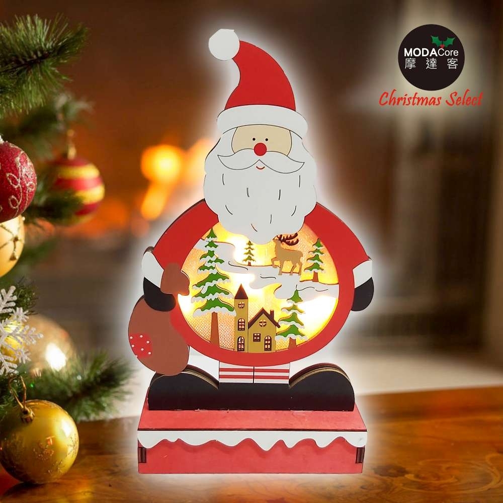 交換禮物-摩達客 木質製彩繪聖誕老公公造型聖誕夜燈擺飾 (電池燈)
