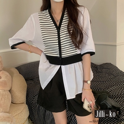 JILLI-KO 韓版時尚V領拼接條紋設計感上衣- 黑色