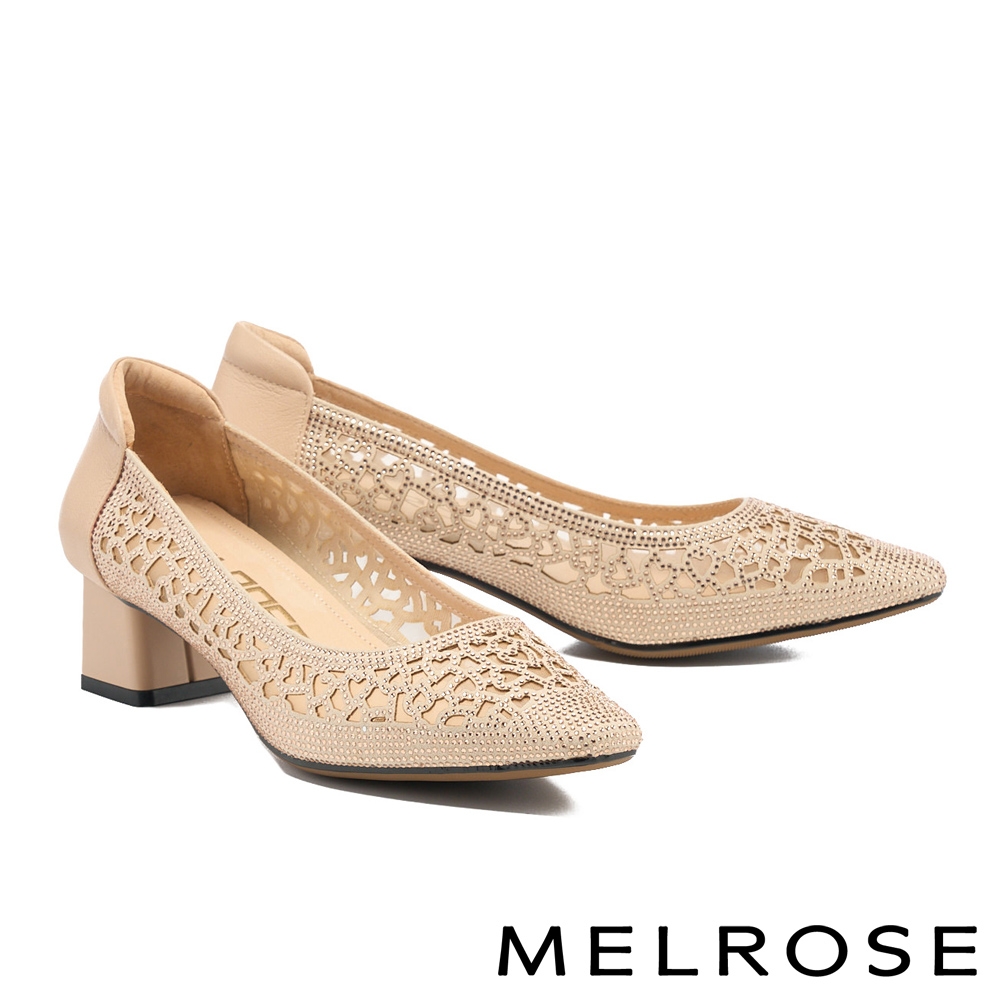 高跟鞋 MELROSE 璀璨晶鑽沖孔異材質拼接小方頭高跟鞋－粉