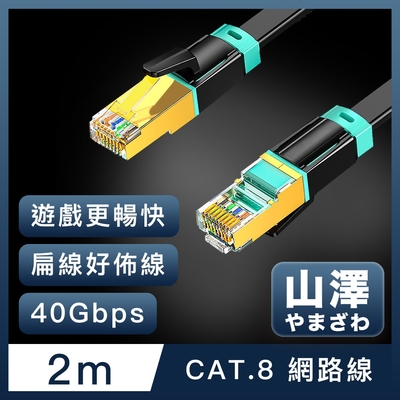 山澤 Cat.8超極速40Gbps傳輸雙屏蔽抗干擾電競級網路扁線 黑/2M