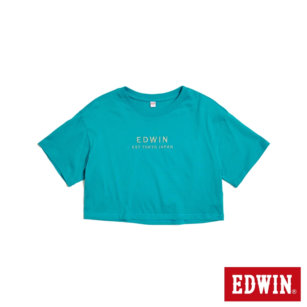 EDWIN 簡約刺繡印花寬短版短袖T恤-女-土耳其藍