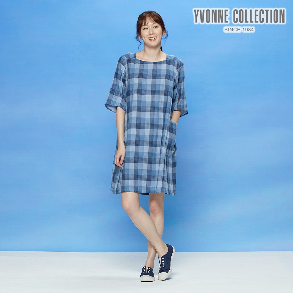 YVONNE 雙層棉大格方領五分袖洋裝-藍