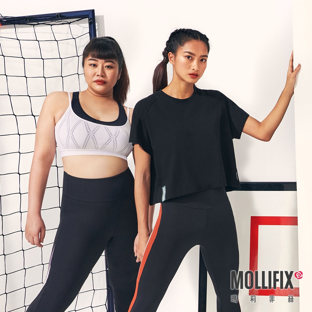 Mollifix 瑪莉菲絲 LOGO織帶裝飾短袖上衣 (黑) 暢貨出清、瑜珈服、背心、T恤