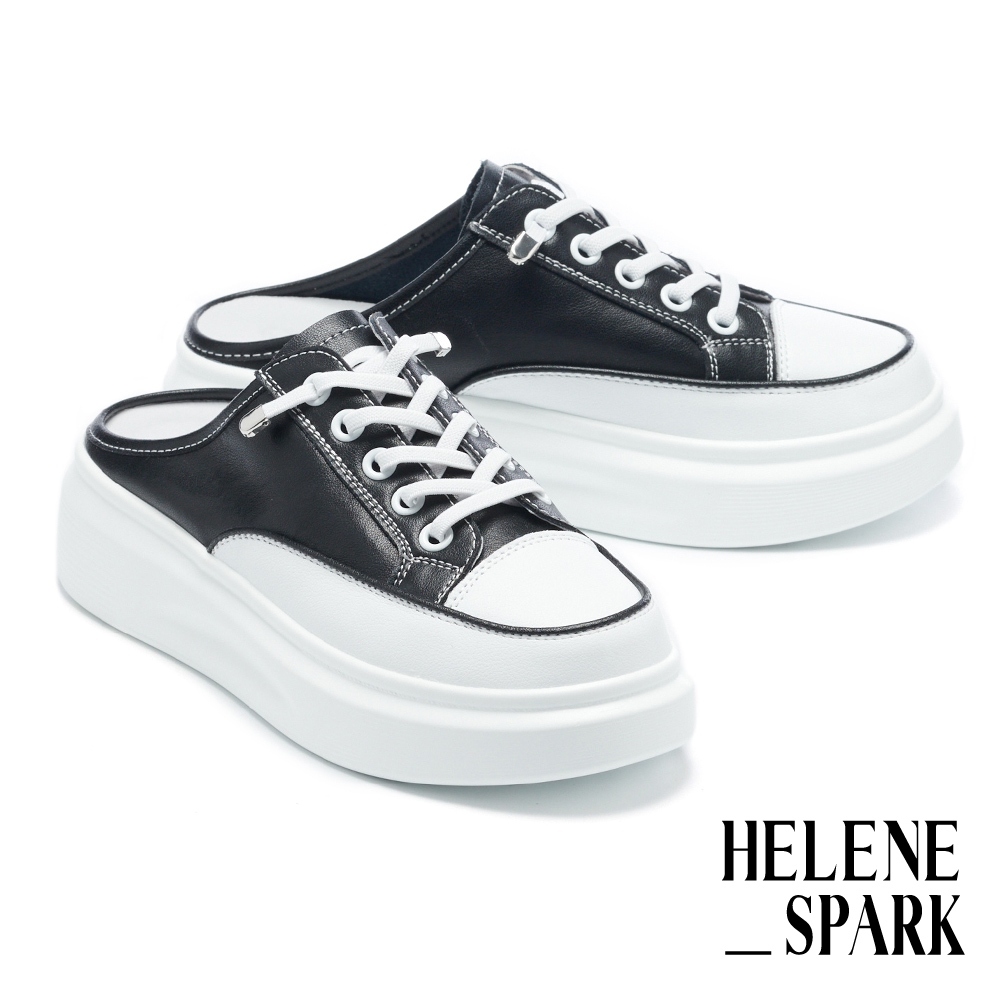 穆勒鞋 HELENE_SPARK 舒適休閒彈力鞋帶牛皮厚底穆勒拖鞋－黑 product image 1