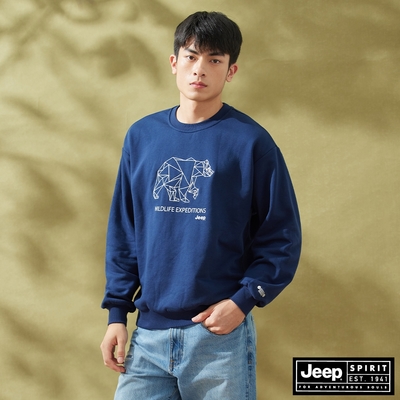 JEEP 男裝 幾何北極熊刺繡圖騰刷毛長袖大學T-深藍