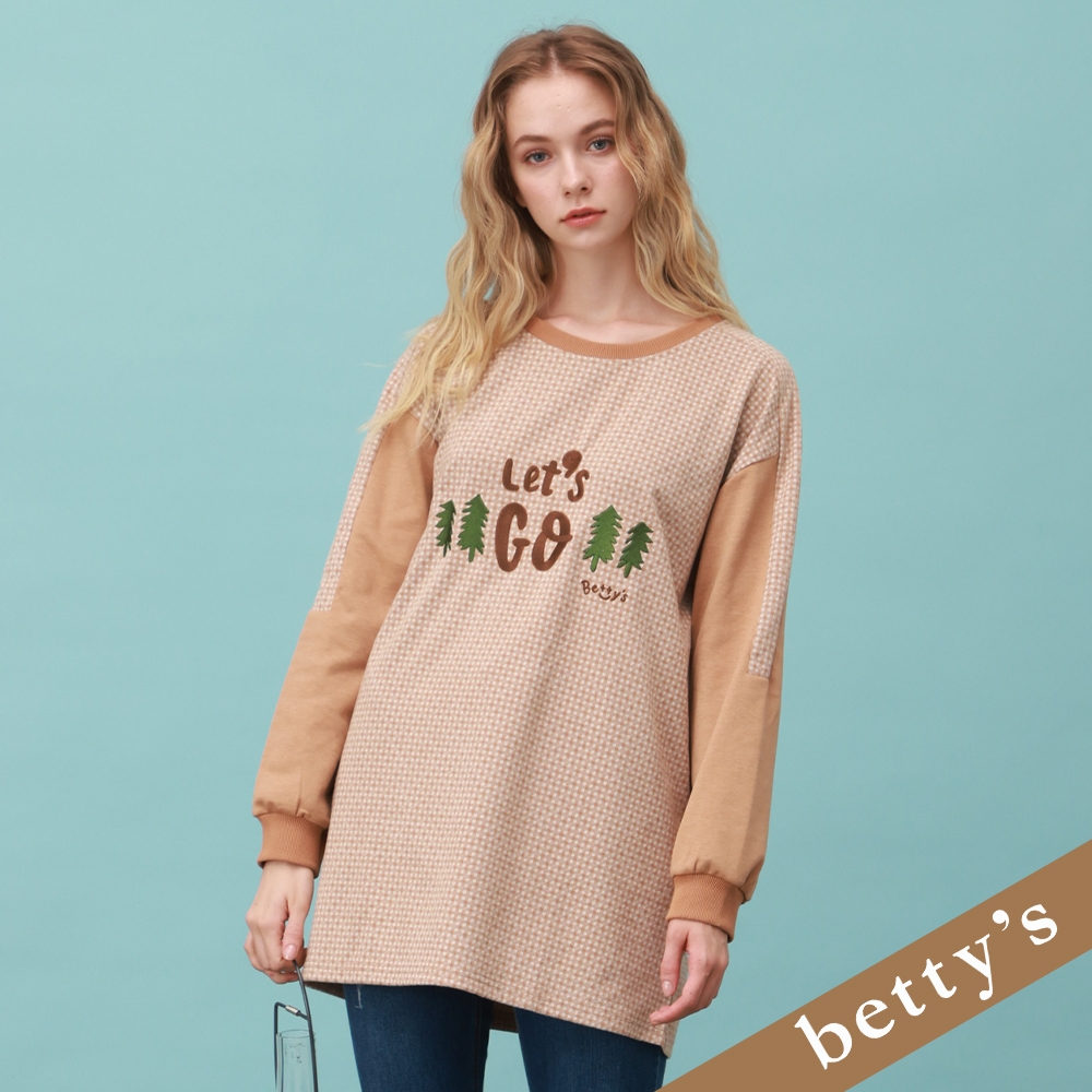 betty’s貝蒂思　Let's Go格紋拼接長版T-shirt(卡其色)