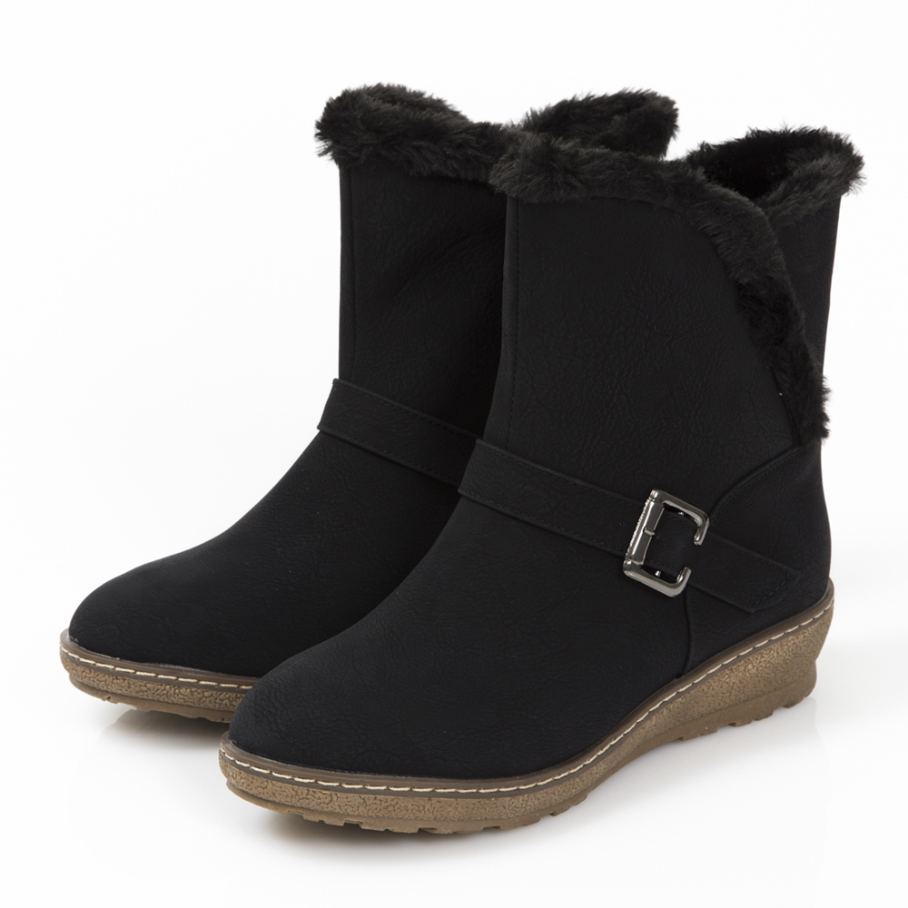 JMS-暖冬時尚流線型毛滾邊內刷毛短靴-黑色