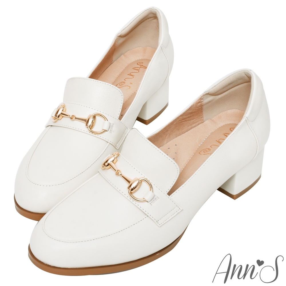Ann’S質感真小羊皮金釦粗跟樂福鞋 4.5cm-白