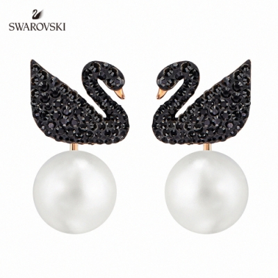 施華洛世奇 Iconic Swan 經典黑天鵝水晶珍珠花托耳環組