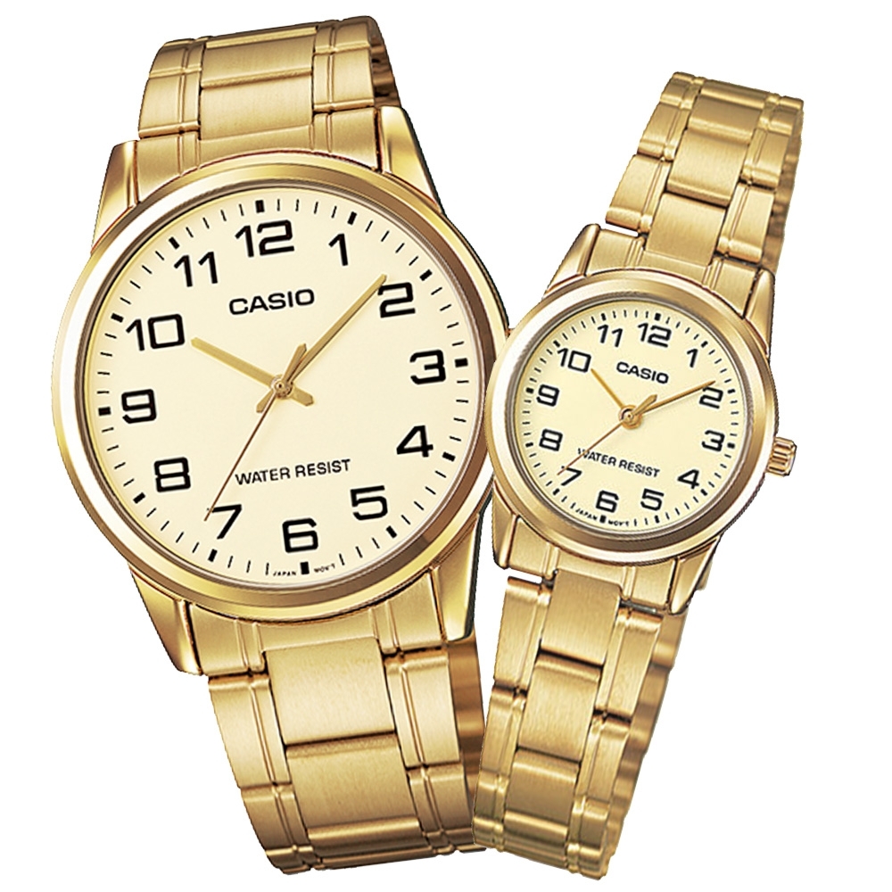 CASIO 卡西歐 復古時尚 數字刻度 不鏽鋼手錶 情侶對錶-金色/38mm+25mm