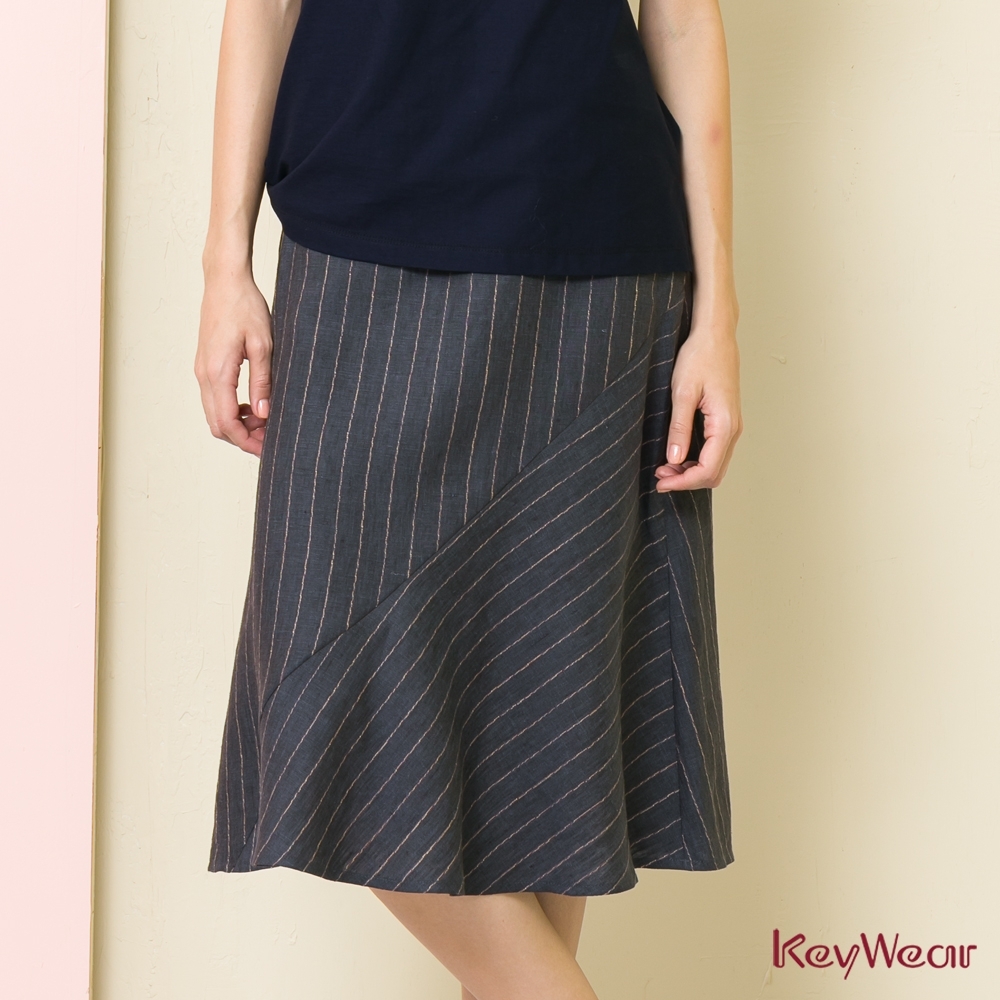 KeyWear奇威名品    100%亞麻色紗直條紋長裙-深藍色